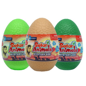 Safari Animals Mystery Eggs – три цветни играчки яйца за деца над 3 години, всяко с различна текстура и съдържащо фигурка на джунгла животно от общо 12 възможни, включително рядък бял носорог.