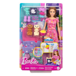 Barbie® Пижамено парти с 2 кученца и кукла