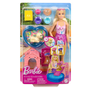 Barbie® Family and Friends Комплект за игра с кукла и кученца Басейн парти