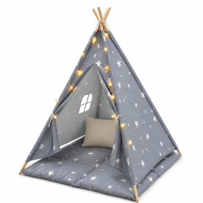 GINGER HOME Памучна палатка LITTLE STARS ТИПИ 120x120х160 СИВА/ЗВЕЗДИ