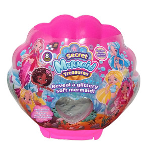 Играчка „Secret Mermaid Treasures“ в опаковка тип розова мида, предназначена за деца. Върху опаковката има цветни илюстрации на русалки с различен стил – с пайети, къдрици и блясък. Надписите подчертават елемента на изненада и колекционерската стойност, к
