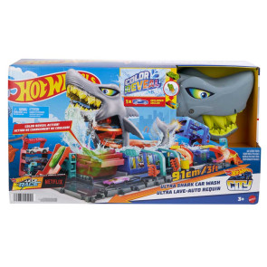 Hot Wheels® Автомивка с гигантска акула City Ultra Shark Car Wash™ с 1 количка 1:64 с функция Color Reveal™