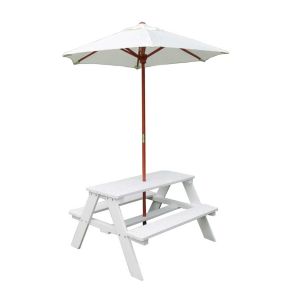 GINGER HOME Дървена маса с пейки и чадър с UV защита БЯЛА